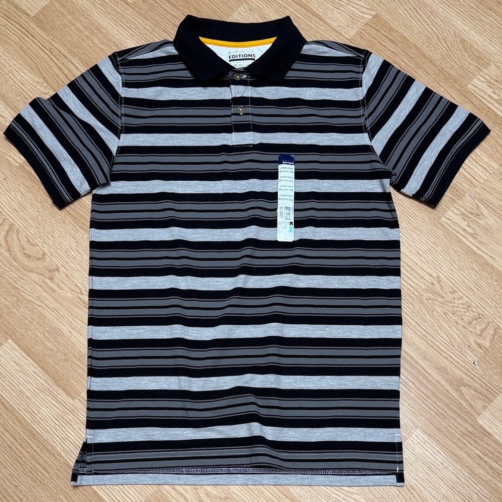 Basic Editions Boys XL 14/16 Black Gray Striped Short Sleeve Polo Shirt NWT